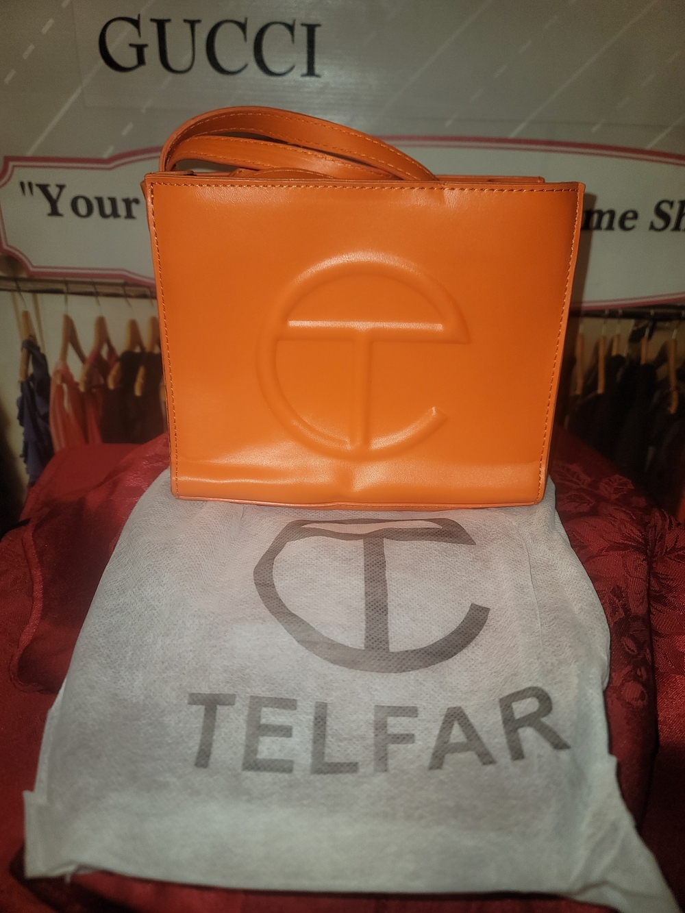 Telfar Orange Vegan Leather Shoulder Bag with Embossed Logo